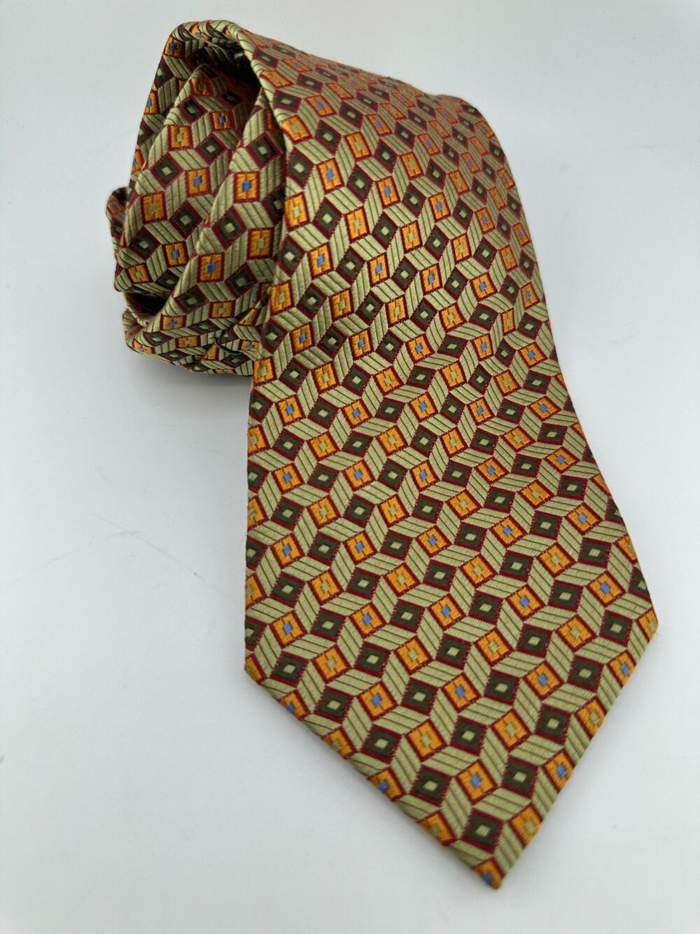 Jhane Barnes Silk Necktie Green Gold Geometric Pattern Made in USA